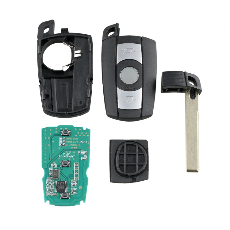 Car key fob parts set: black shell pieces, metal blade, and two circuit boards