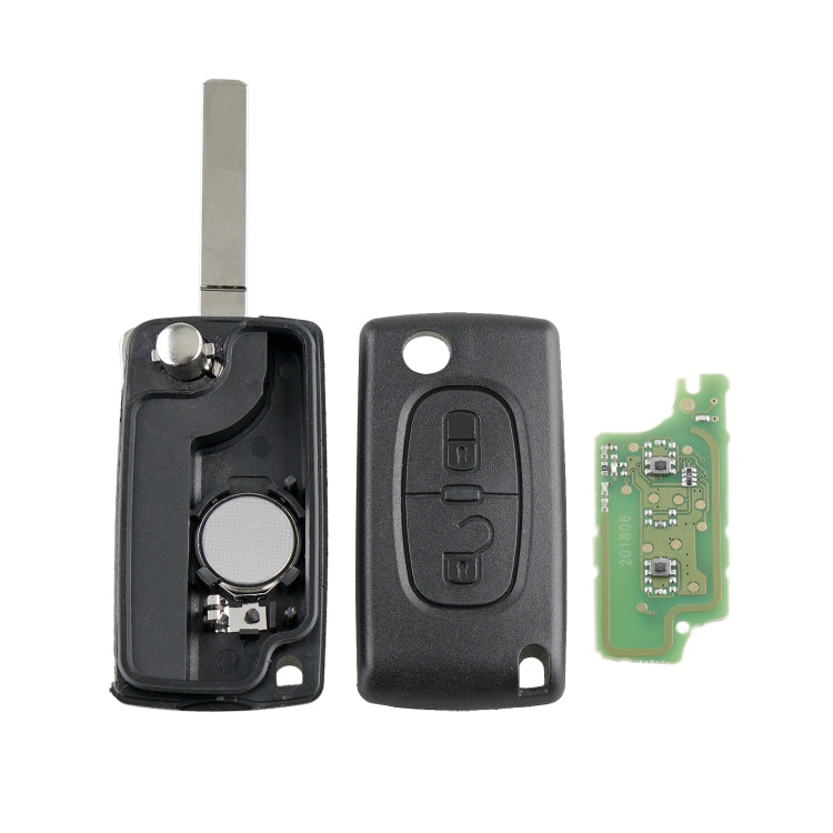 Car key fob parts set: metal blade, black remote case, and green PCB