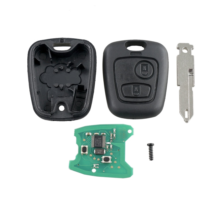 Car key fob kit: opened shell, button cover, metal key blade, and PCB parts