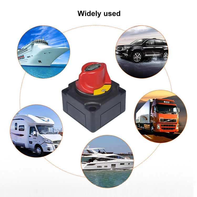 Red knob rotary battery switch isolator on black base with vehicle use icons
