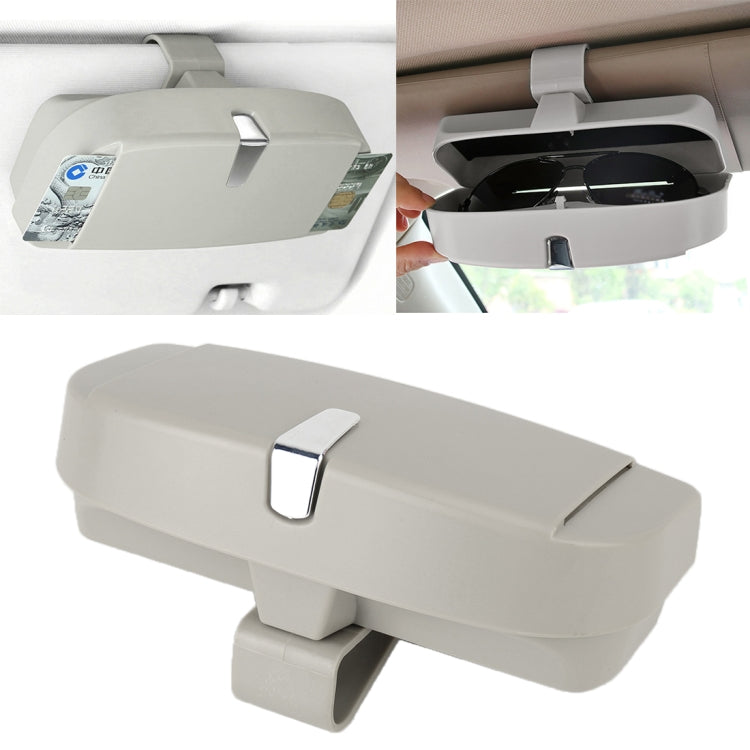 Light gray car sunglasses case with card slot, open to store sunglasses
