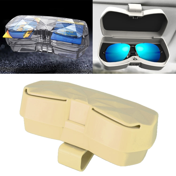 Beige hard-shell sunglasses storage case with top handle and hinged lid