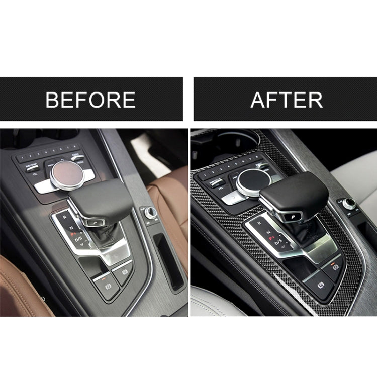 Carbon fiber gear position panel overlay shown before and after installation on center console