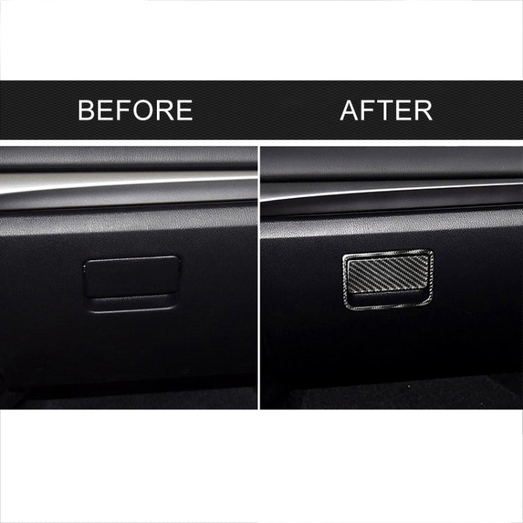 Front passenger storage box trim before-and-after, showing carbon fiber weave rectangle