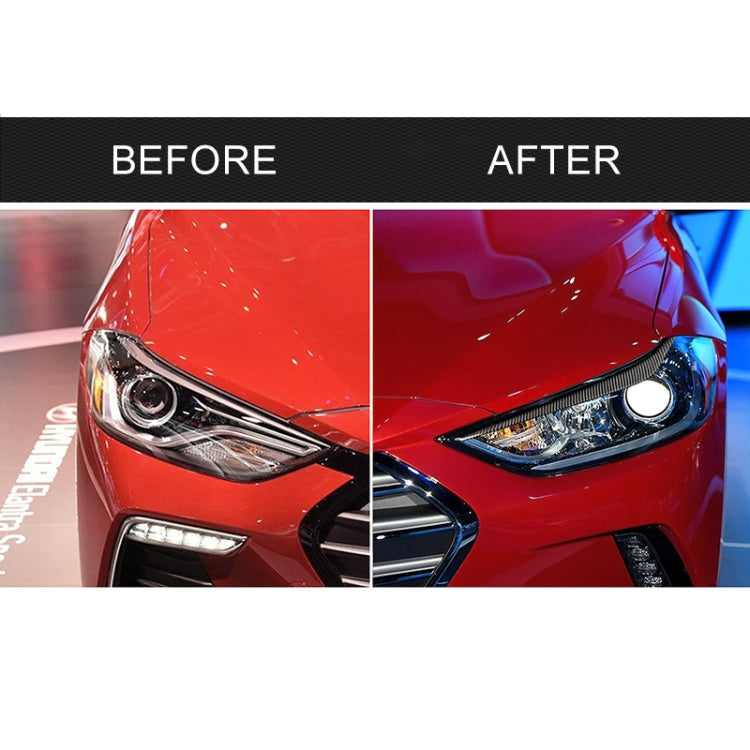 Headlight light eyebrow trim shown on red car, carbon fiber black weave