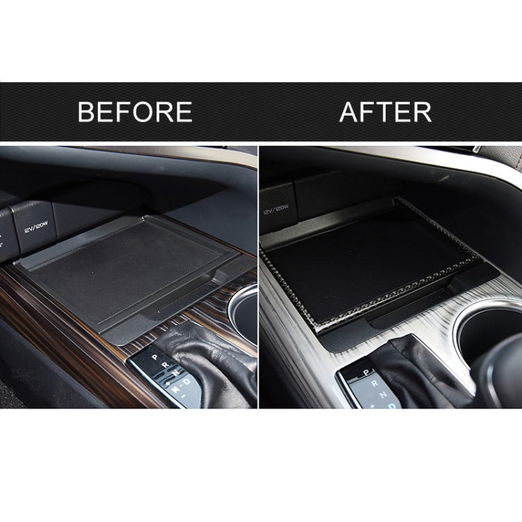 U-shaped carbon fiber trim frame sticker installed in center console storage area