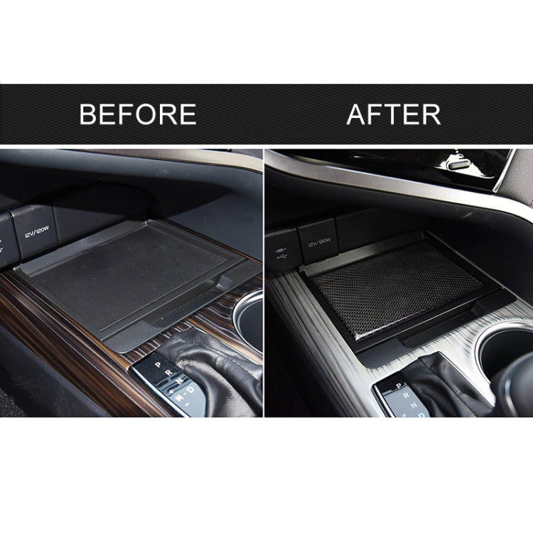 Car center console storage tray insert sticker with carbon fiber pattern, before/after