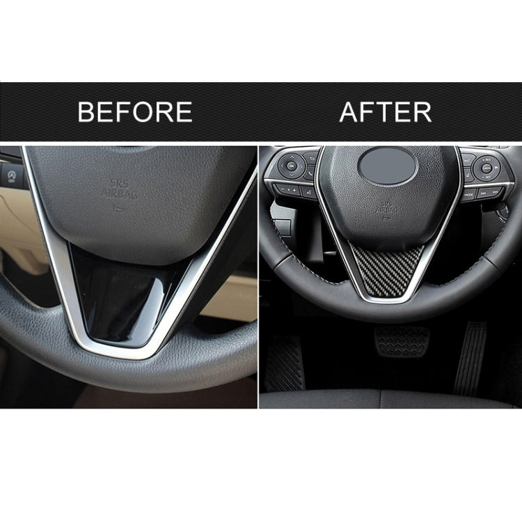 Before-and-after view of triangular carbon fiber steering wheel trim sticker