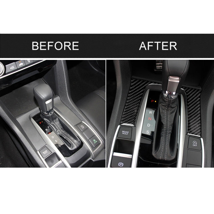 Car center console gear area with carbon fiber panel sticker, before and after