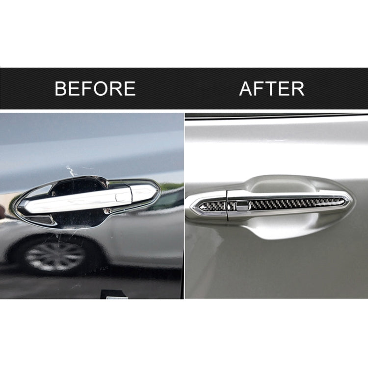 Exterior door handle with black carbon fiber trim, before-and-after comparison