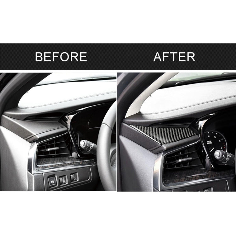 Before-and-after view of carbon fiber triangular dashboard trim sticker installed