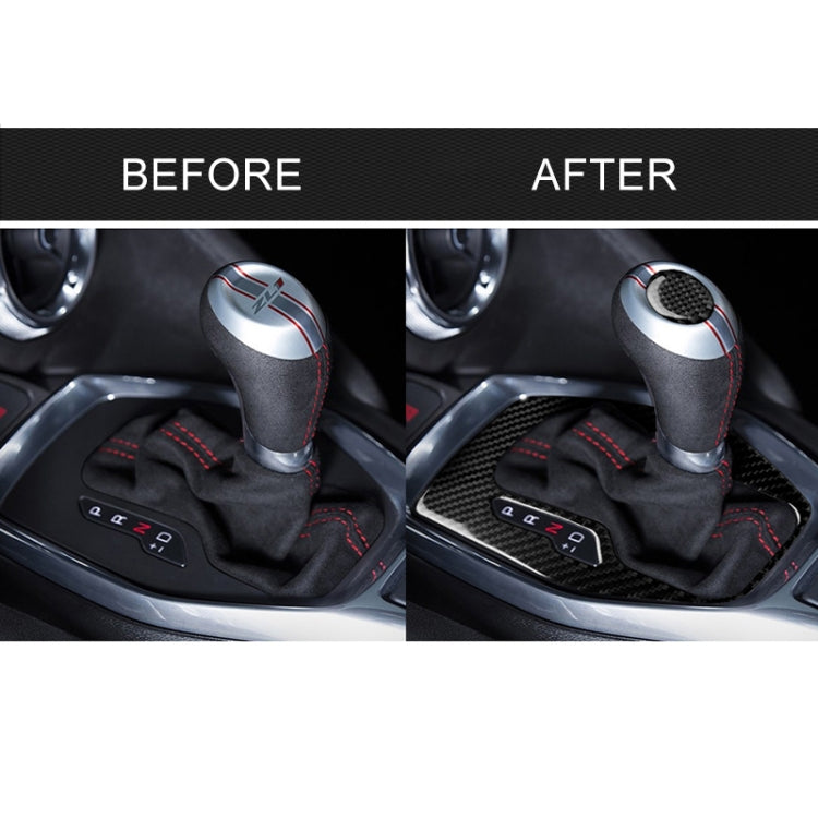 Carbon fiber gear console trim shown before-and-after on the center shifter area