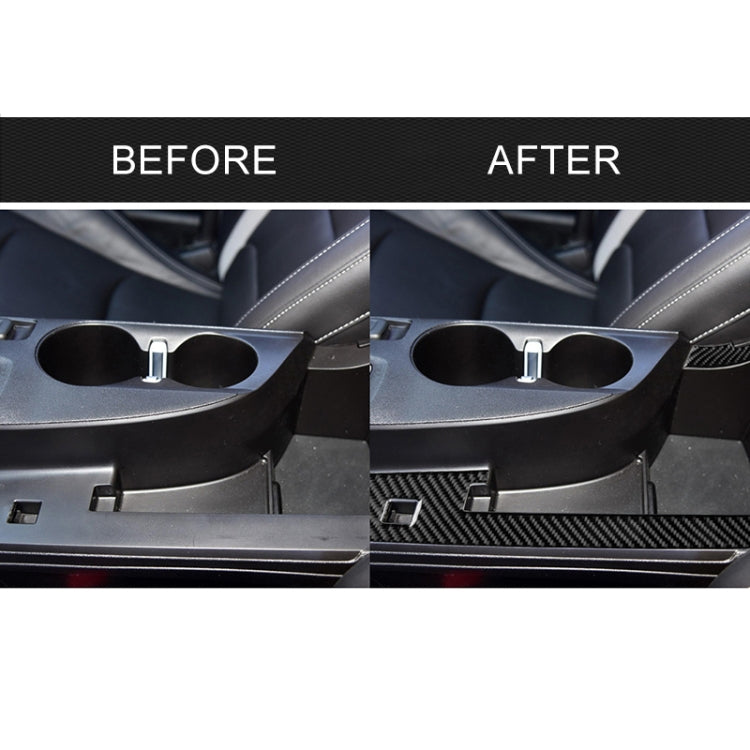 Before-and-after console view showing carbon-fiber central stripe trim installed