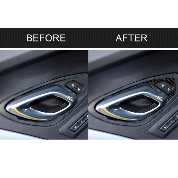Before-and-after view of carbon fiber inner door lock trim on door panel