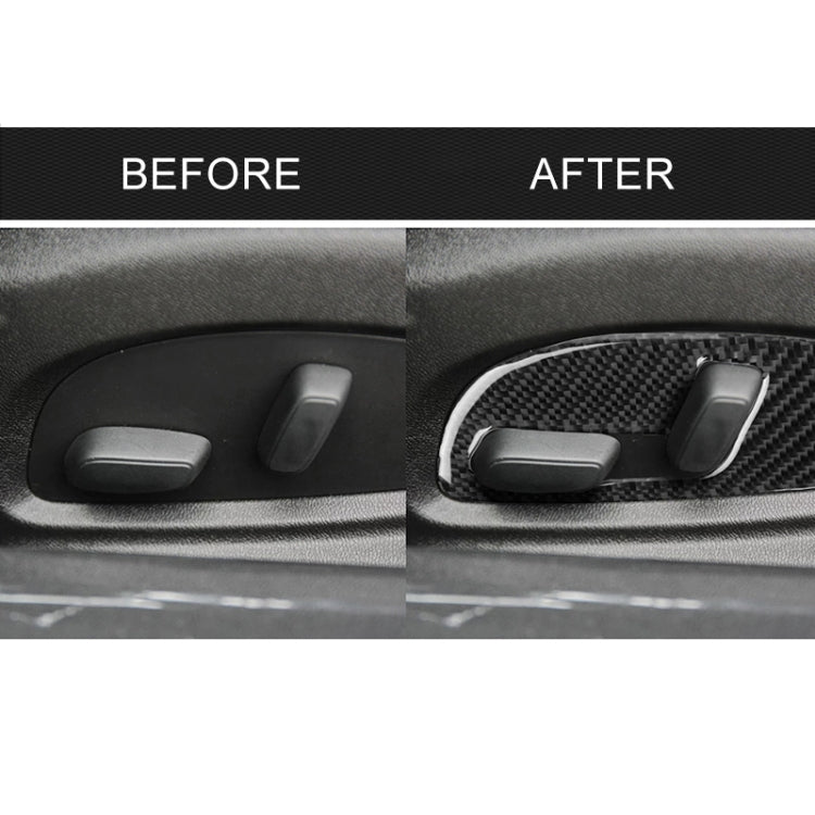 Installed carbon fiber seat adjustment panel stickers with white trim, before-and-after view