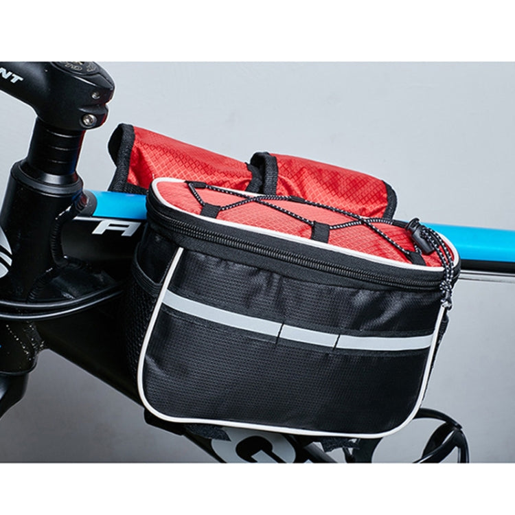 Bicycle front phone bag, red insert and black storage compartment with handlebar mount