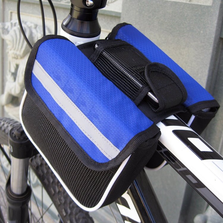 Blue front phone bag with white reflective stripe and mesh texture on handlebars