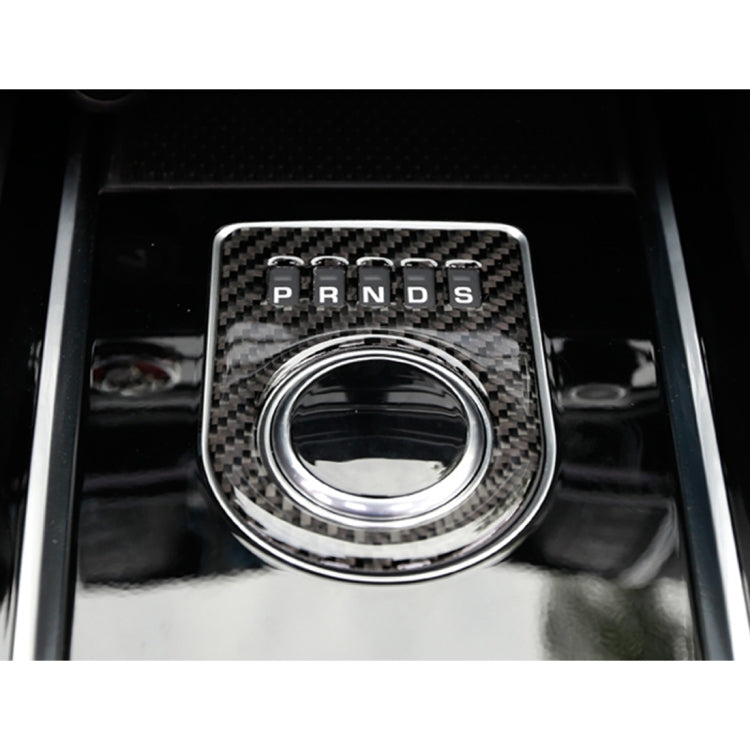 Carbon fiber gear display trim sticker with PRNDS lettering and chrome-style ring
