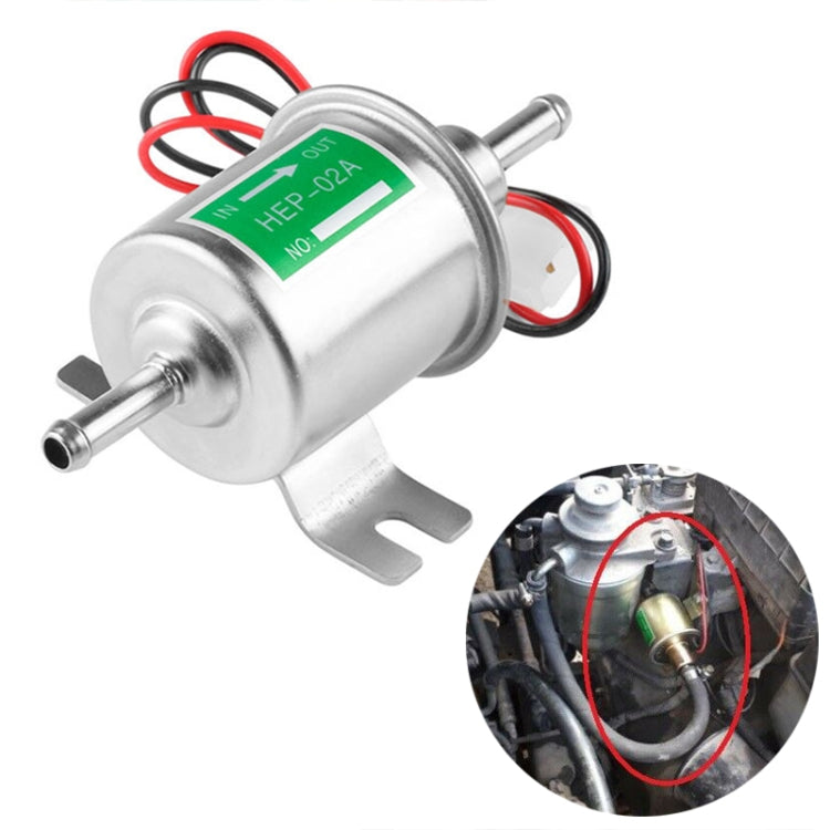 12V inline low-pressure electric fuel pump, silver metal body with wiring harness