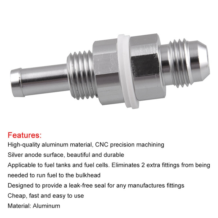 Aluminum AN6 male flare bulkhead hose barb with polished silver finish and barbed outlet