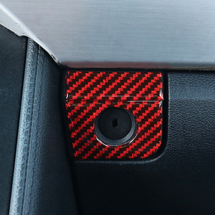 Car seat storage button sticker with round black cutout in red carbon fiber pattern