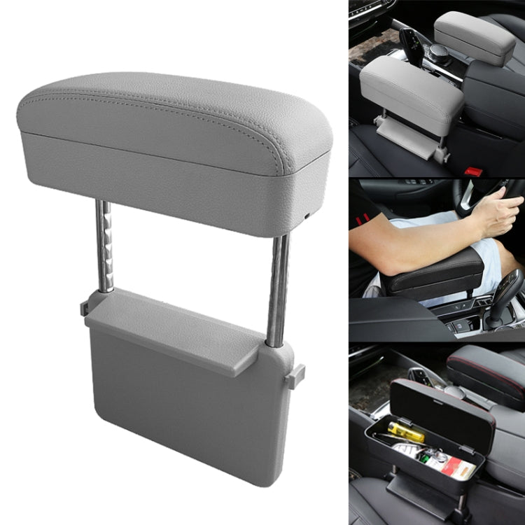 Grey PU leather car armrest box cushion with padded lid and built-in storage