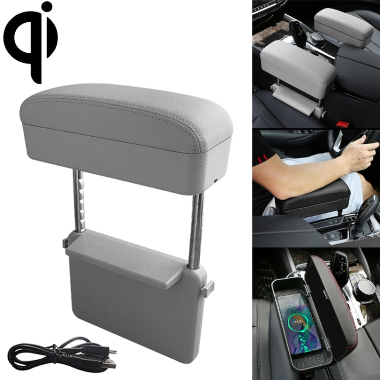 Grey wireless Qi car armrest charger with storage box and padded armrest cushion.