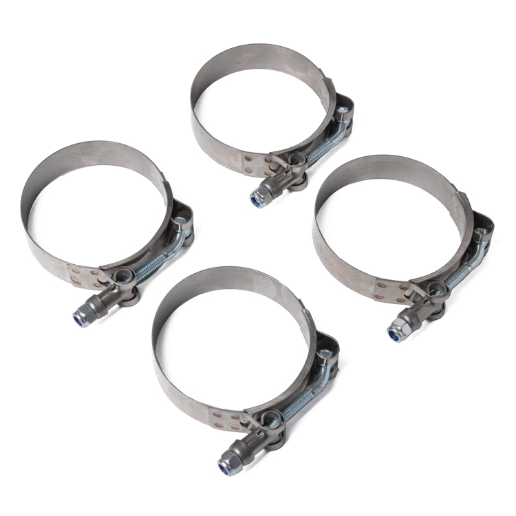 Four-pack stainless steel T-bolt hose clamps, 95–103 mm, round band with bolt latch