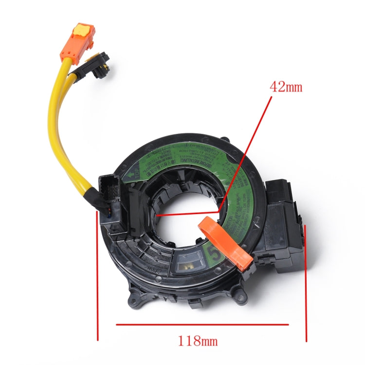 Clock spring cable spiral with 42mm/118mm markings, yellow leads, and orange tabs