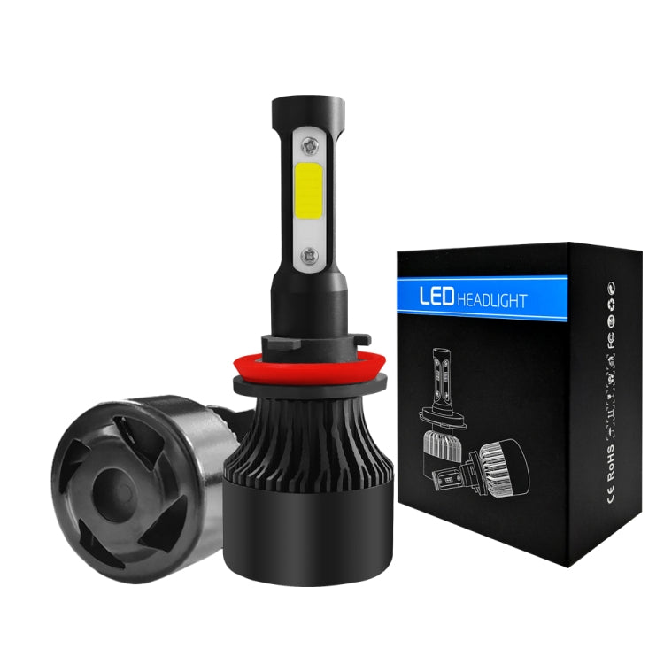 LED headlight bulb pair with black heatsinks and red mounting rings, with box