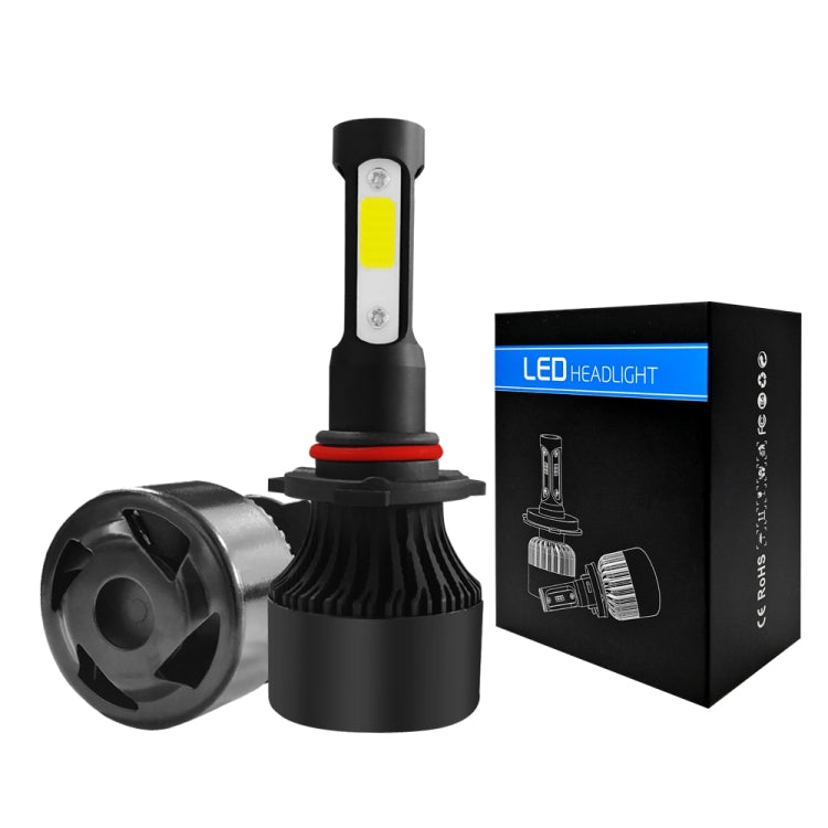 Black LED headlight bulb pair with yellow COB chip and product packaging box