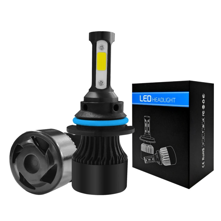 LED headlight bulbs with retail box, black heatsink and blue-ring base, two-piece set