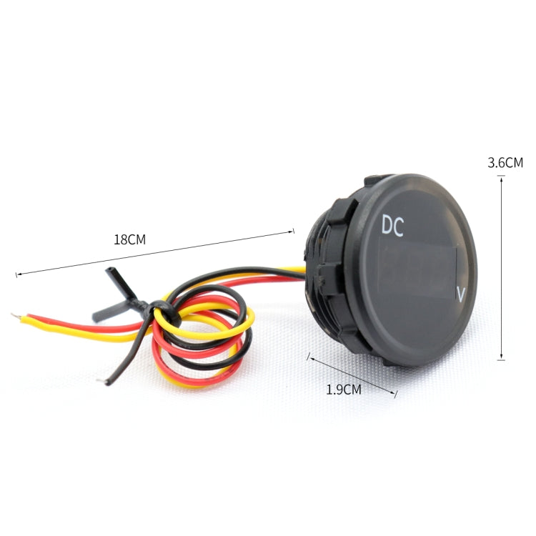 Round DC voltmeter gauge with DC label and 18cm cable length shown