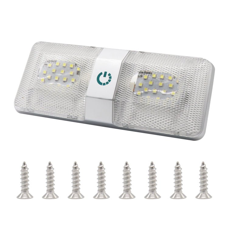 White rectangular RV LED dome light with two LED panels, plus included mounting screws.