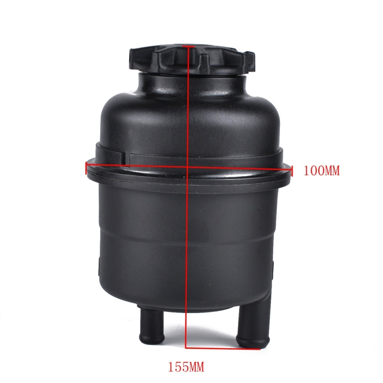 Black power steering reservoir with height measurement guide marks