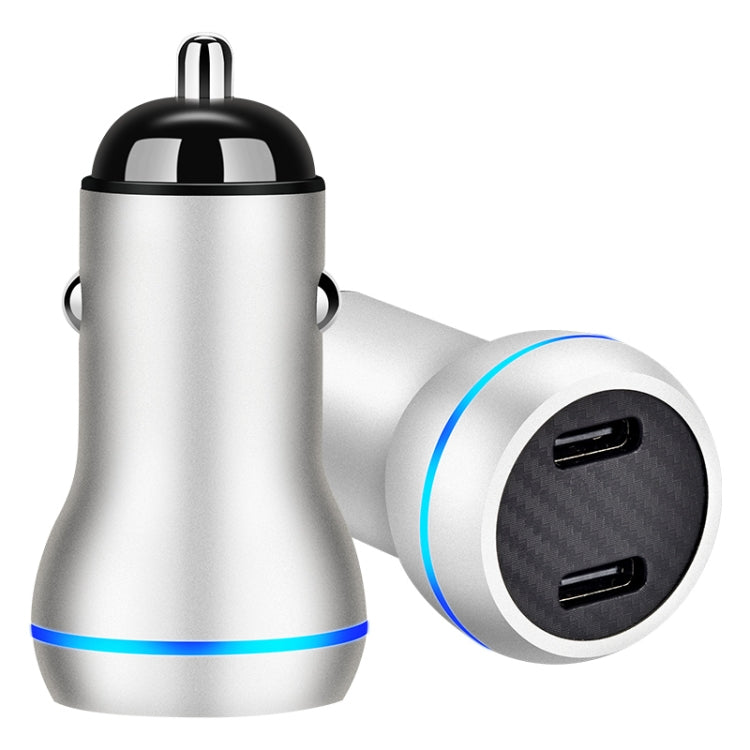 Silver dual-port car charger with two USB-C ports and blue LED ring