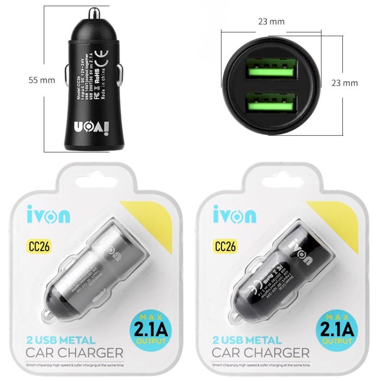 CC26 dual USB metal car charger retail pack showing charger and specs