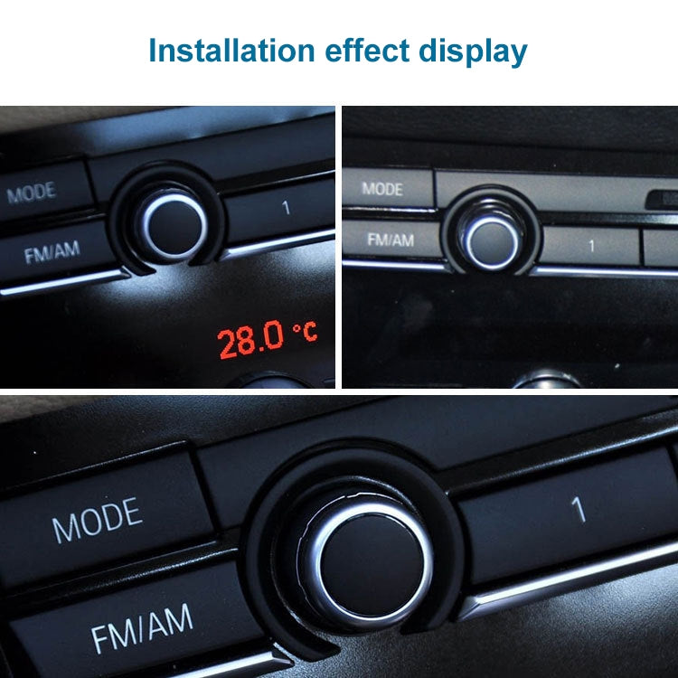 Car audio control button ringed in chrome, with dark inner face