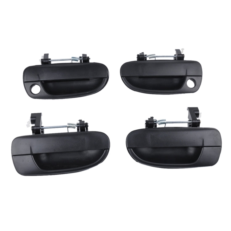 Four black exterior door handles shown from multiple angles with brackets