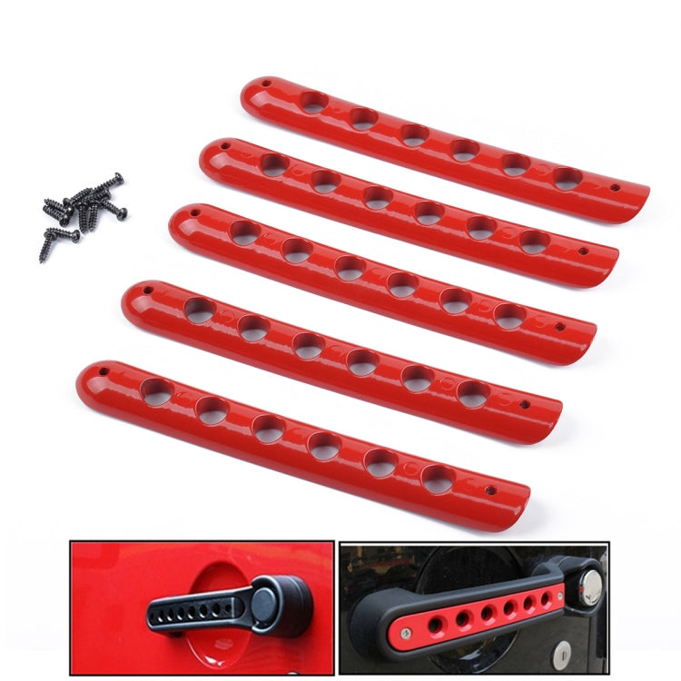 Red auto door grab handle cover set, 5 aluminum pieces with mounting screws