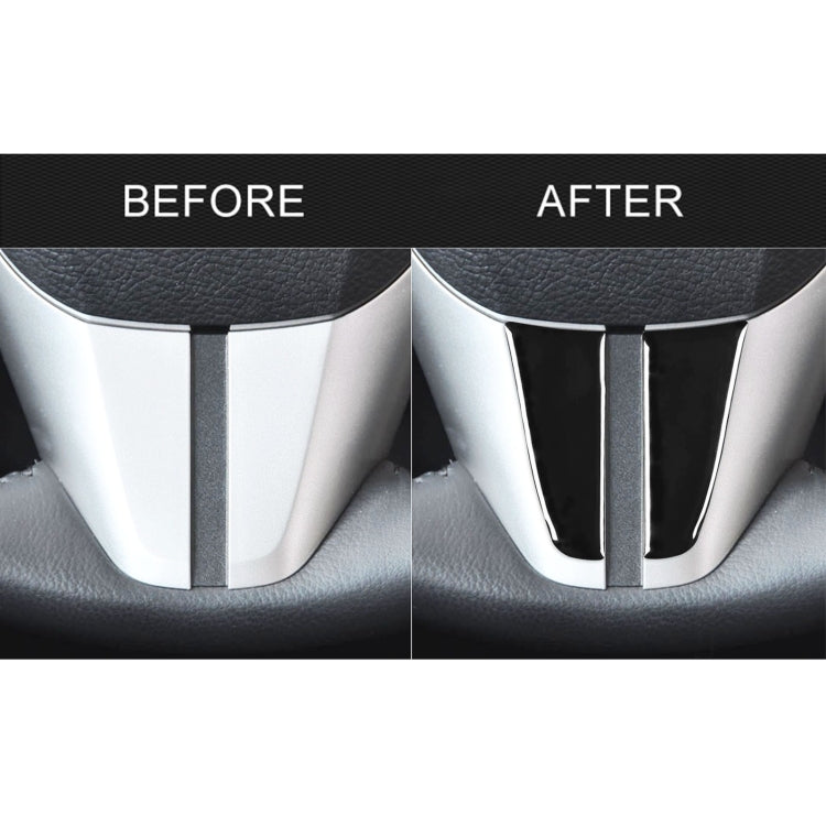 Side-by-side before/after view of black steering wheel trim inserts