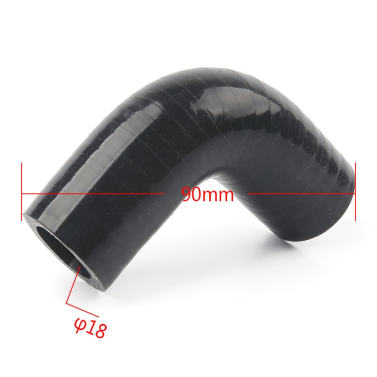 Black crank case vent reroute hose elbow, shown with 90mm length and 18mm end diameter