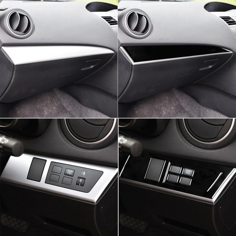 Glossy black dashboard trim sticker with silver button and window cutouts