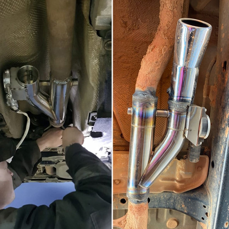 Electric exhaust valve Y-pipe installation in engine bay with two metallic outlets.