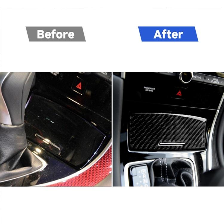 Before-and-after view showing carbon fiber ashtray trim sticker installed
