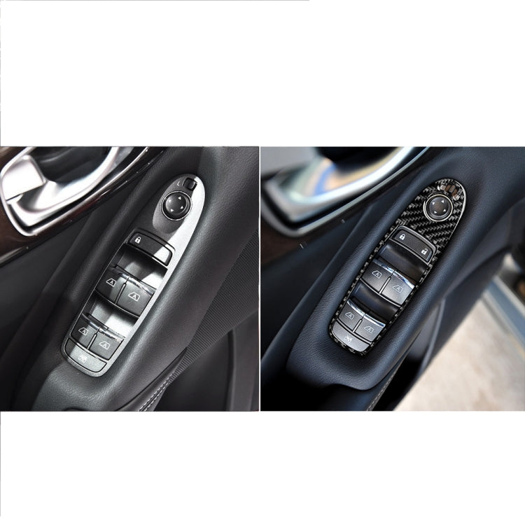 Window switch control cluster with black carbon fiber-look trim around button controls