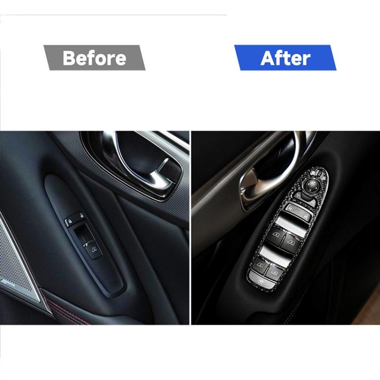 Window lift control area with carbon-fiber panel decals, before-and-after comparison