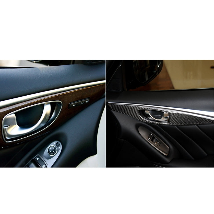 Carbon fiber door inner handle panel trim on car interior, before/after comparison