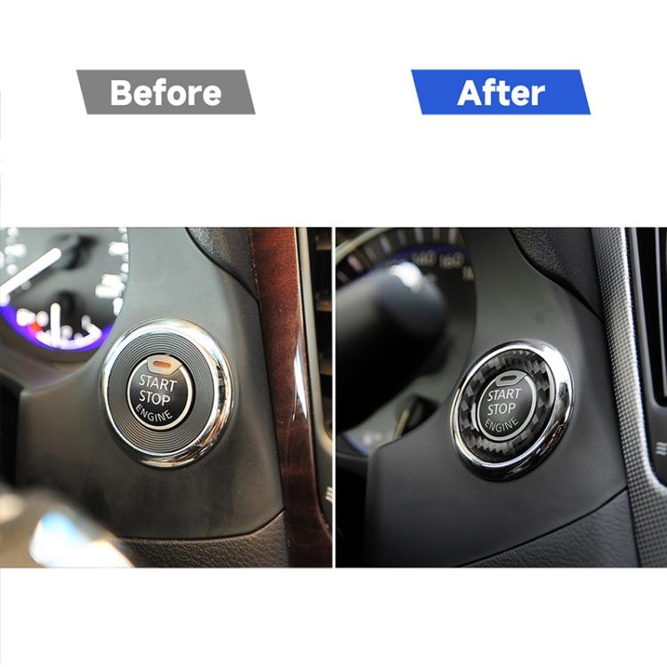 One-button start button with black carbon-fiber bezel ring shown in comparison