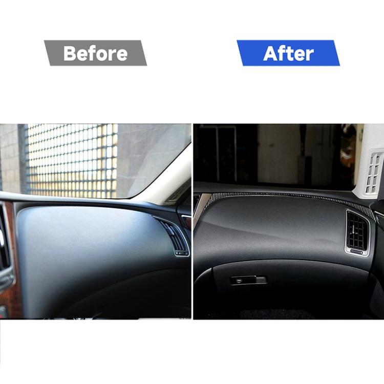 Before-and-after view of carbon fiber dashboard trim along the side panel